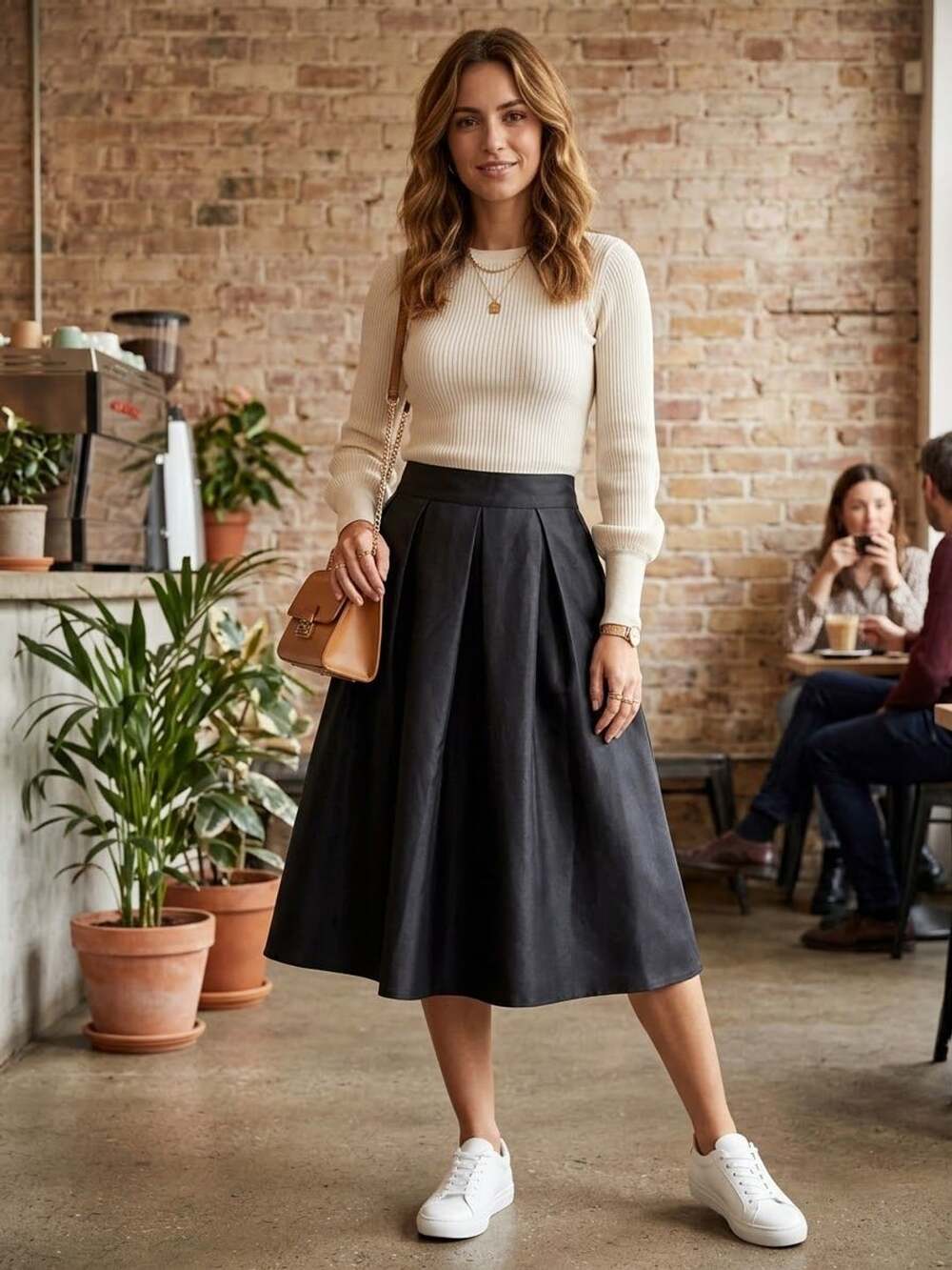 Black Pleated High Waisted Midi Skirt